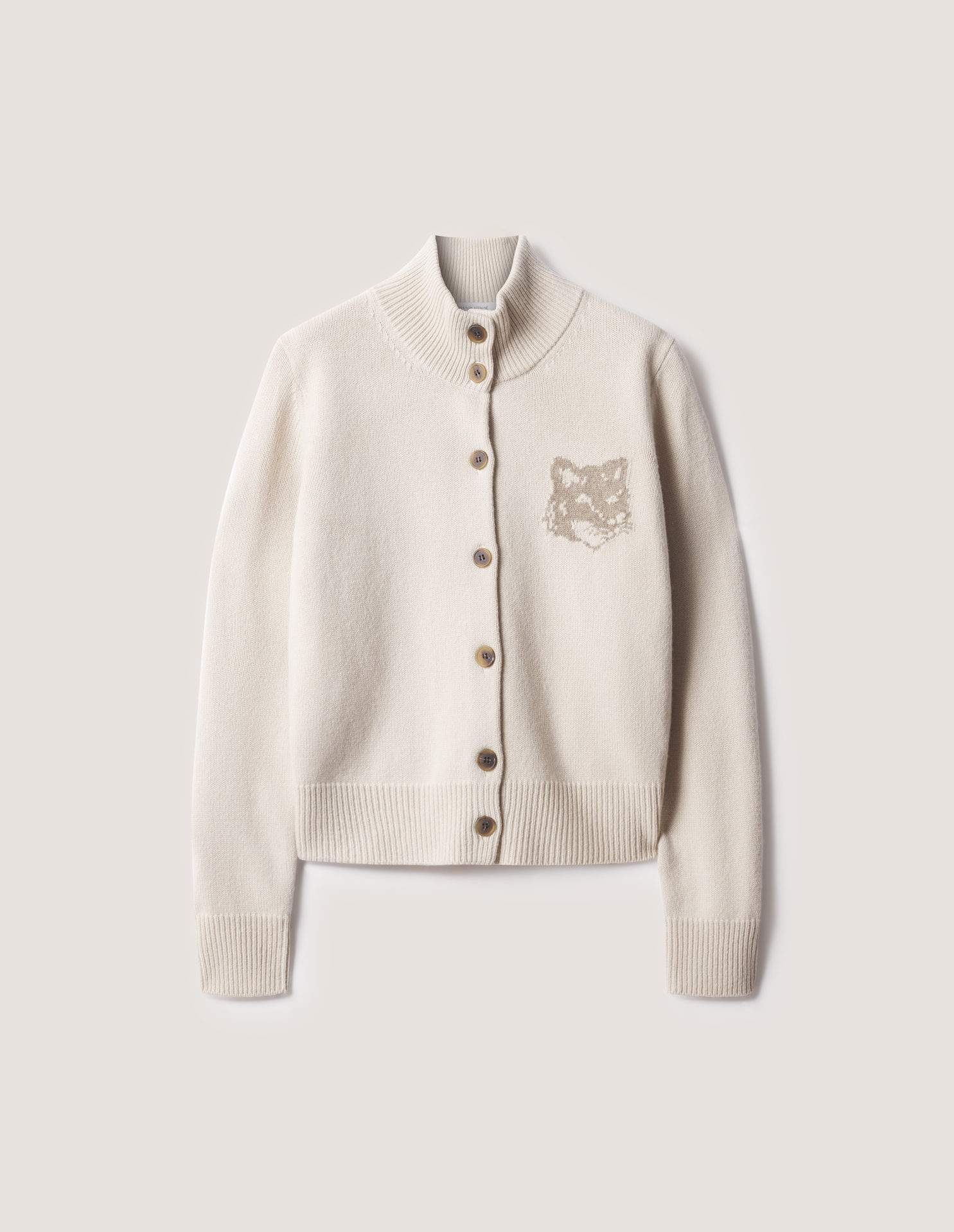 MAISON KITSUNE カーディガン ベージュ フォックス刺繍 FOX HEAD INTARSIA MERINO HIGH NECK CARDIGAN | Maison Kitsuné