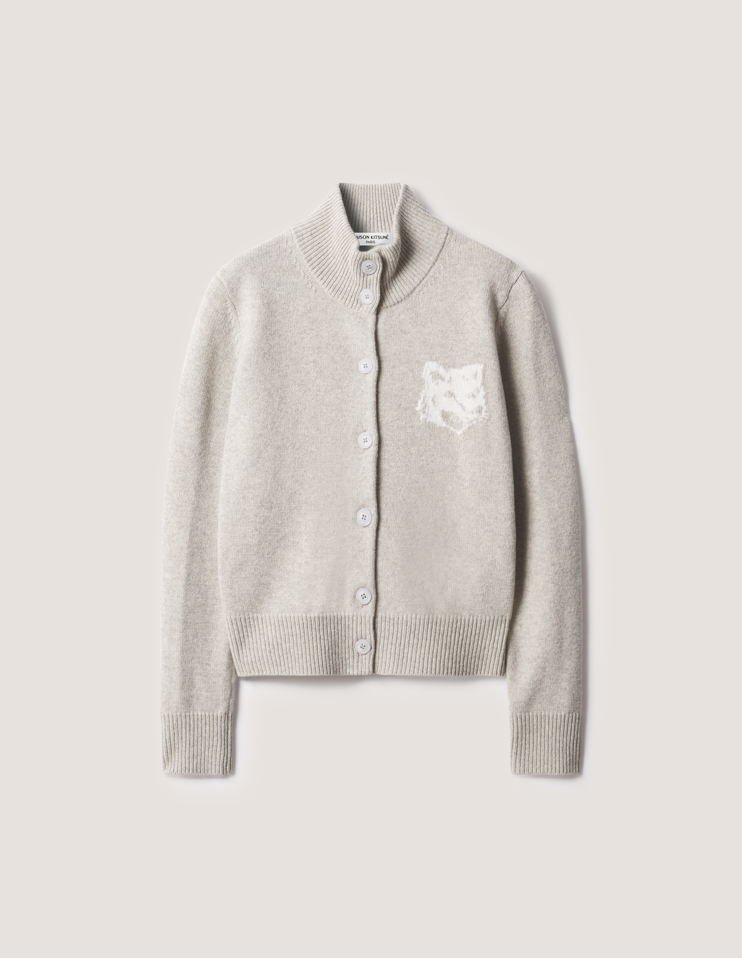 FOX HEAD INTARSIA MERINO HIGH NECK CARDIGAN | Maison Kitsuné